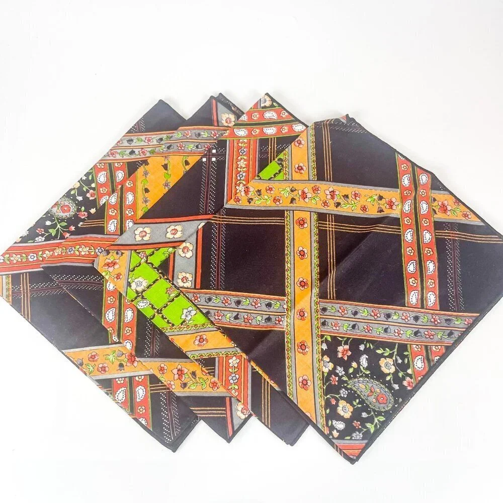 Set of 4 Napkins Mid-Century Cloth Fabric Table Linen Black Orange Mixes Print
